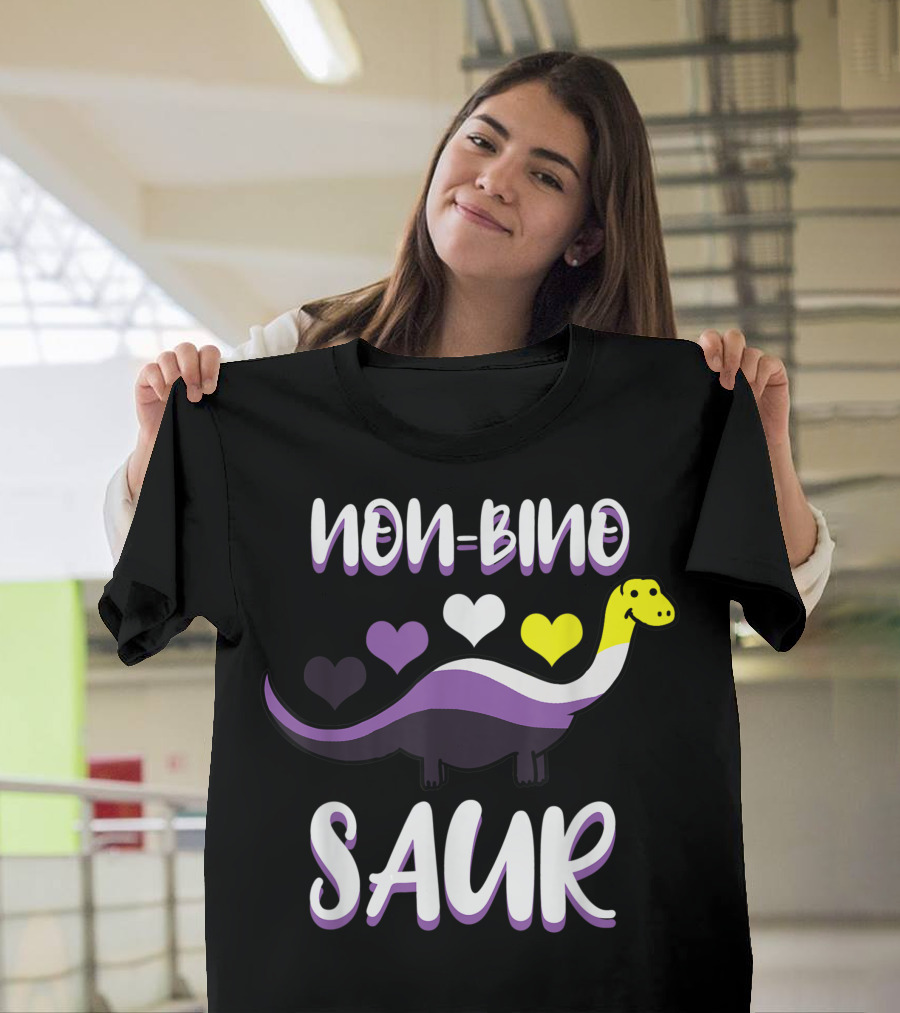 Non Bino Saur Nonbinary Pride Dinosaur with Hearts T-Shirt