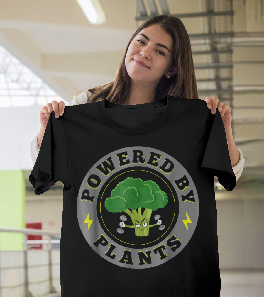 Powered By Plants Broccoli Lifting Dumbbells Vegan Plant Power T-Shirt