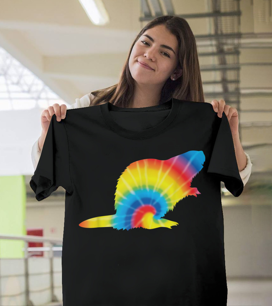 Rainbow Tie Dye Beaver Silhouette Rodent Print T-Shirt