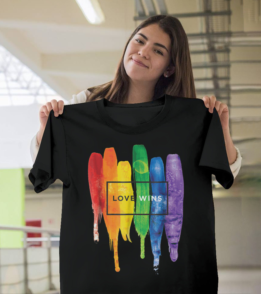 Love Wins Watercolor Rainbow Paint Typography T-Shirt