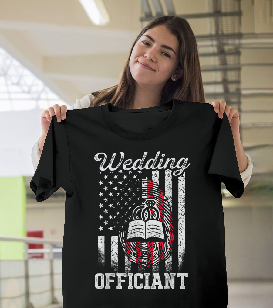 Wedding Officiant American Flag Rings Bible T-Shirt