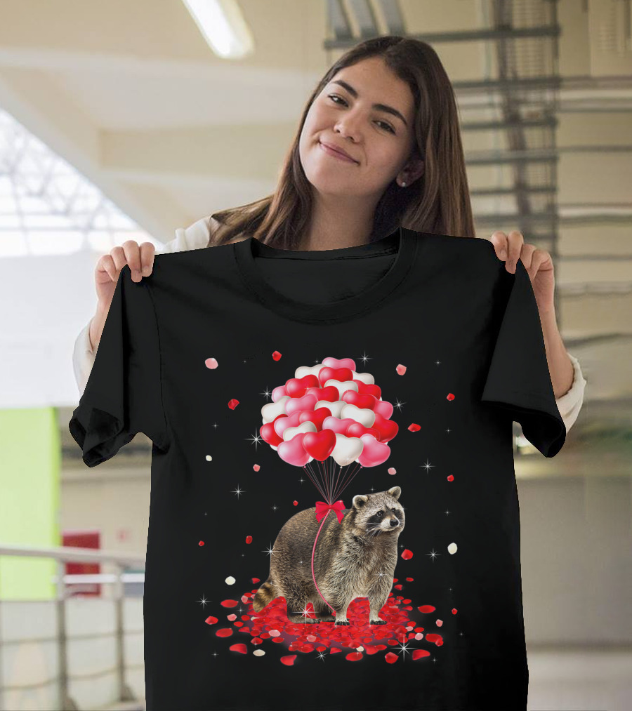 Raccoon with Heart Balloons Valentine's Day Lover T-Shirt
