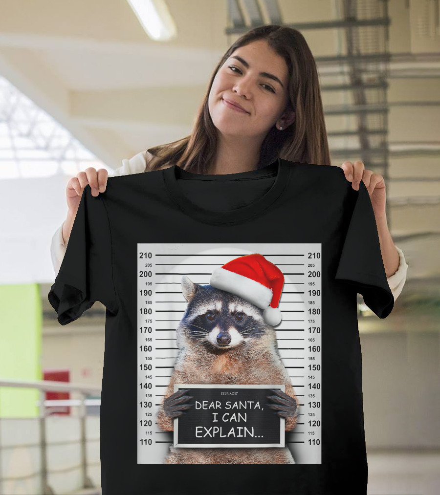 Dear Santa I Can Explain Christmas Raccoon Mugshot Santa Hat T-Shirt