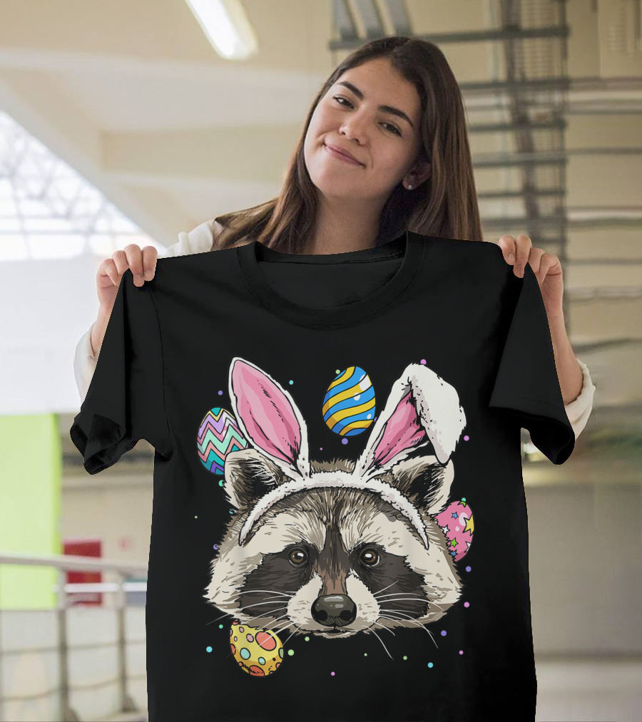 Easter Bunny Ears Raccoon with Colorful Eggs Raccoon Lover T-Shirt