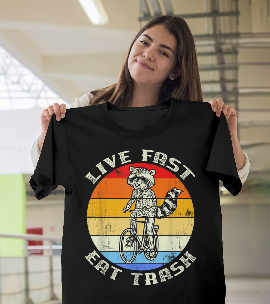 Live Fast Eat Trash Cute Cycling Raccoon Retro Sunset T-Shirt