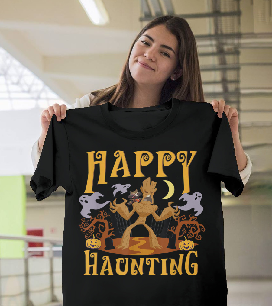 Happy Haunting Marvel Groot and Rocket Raccoon with Ghosts and Pumpkins T-Shirt