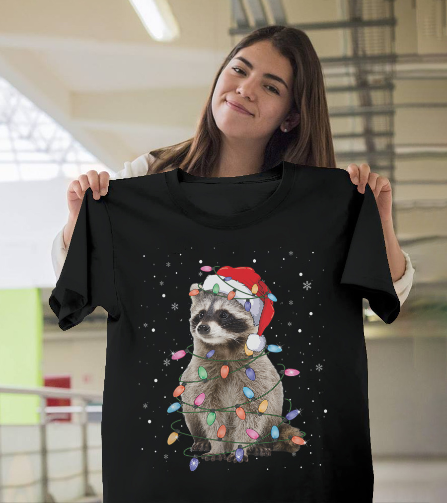Raccoon Christmas Lights Santa Hat Snowflakes Racoon Lover T-Shirt