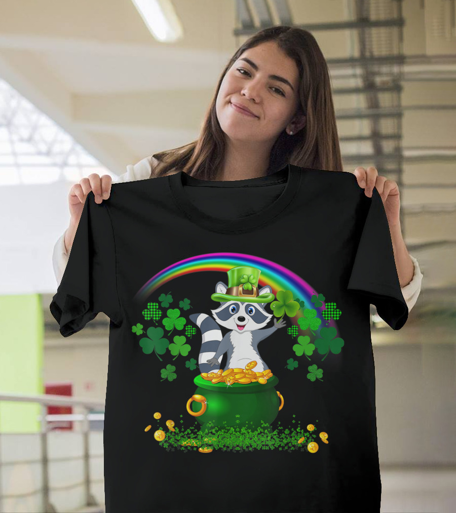 Raccoon with Shamrock Hat Holding Clover and Gold Coins by a Rainbow T-Shirt