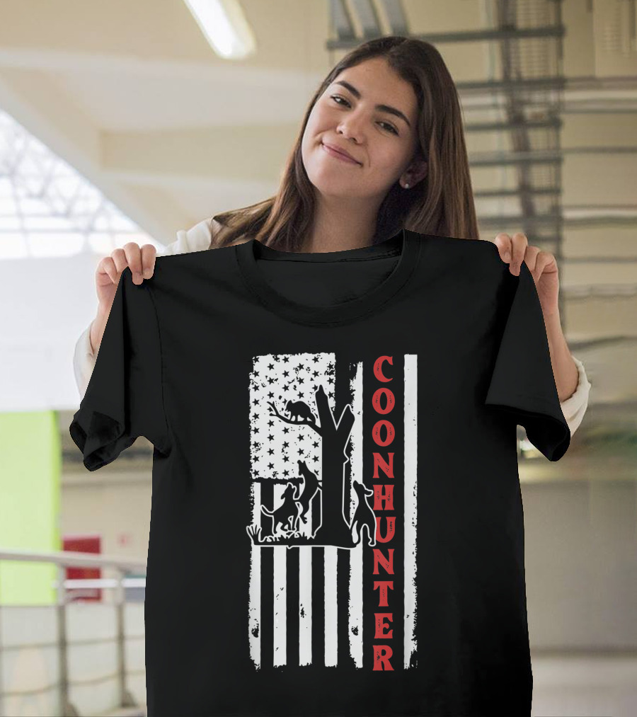 Raccoon Hunting Season USA Flag Coon Hunter Silhouette Dogs and Tree T-Shirt