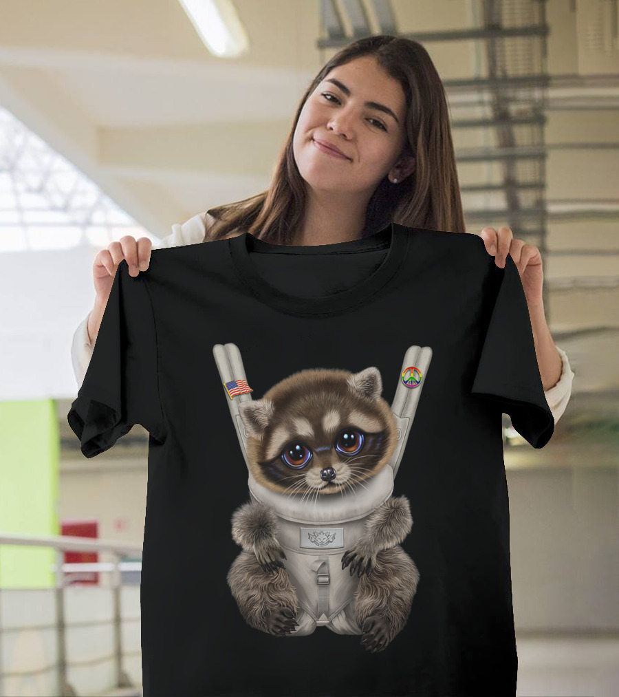 Raccoon In Baby Carrier with American Flag and Peace Sign T-Shirt
