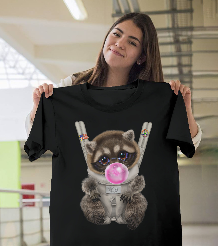 Raccoon in Baby Carrier with Bubble Gum Peace and Flag Badges R6 T-Shirt