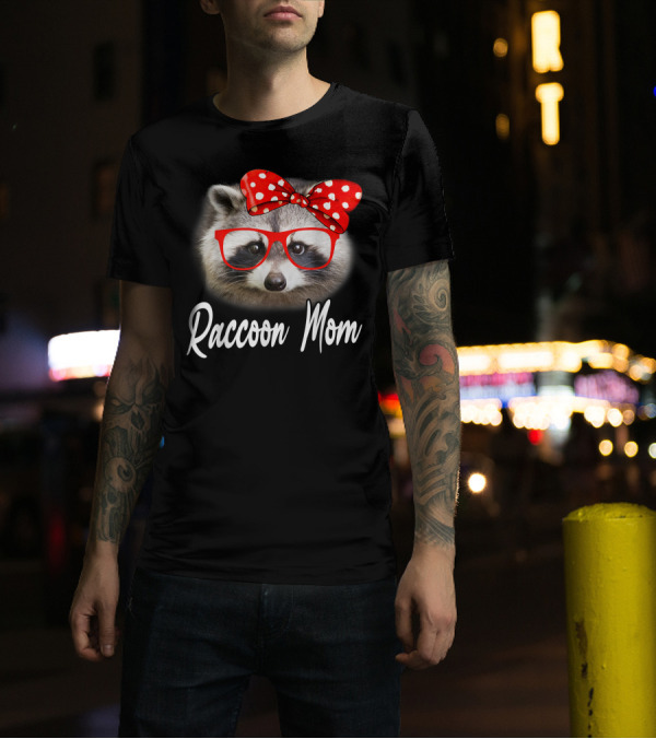 Raccoon Mom Red Glasses Polka Dot Bow Mama Raccoon Lover T-Shirt