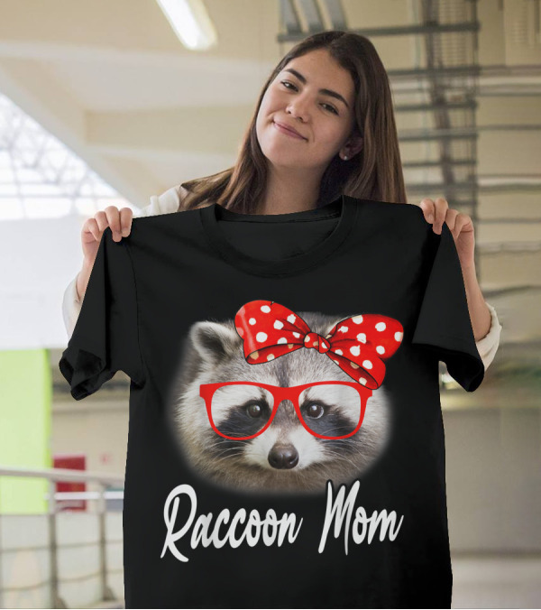 Raccoon Mom Red Glasses Polka Dot Bow Mama Raccoon Lover T-Shirt