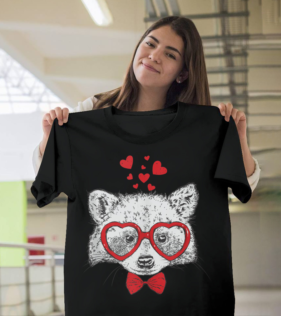 Cute Raccoon Heart Sunglasses Valentine Bow Tie Hearts T-Shirt