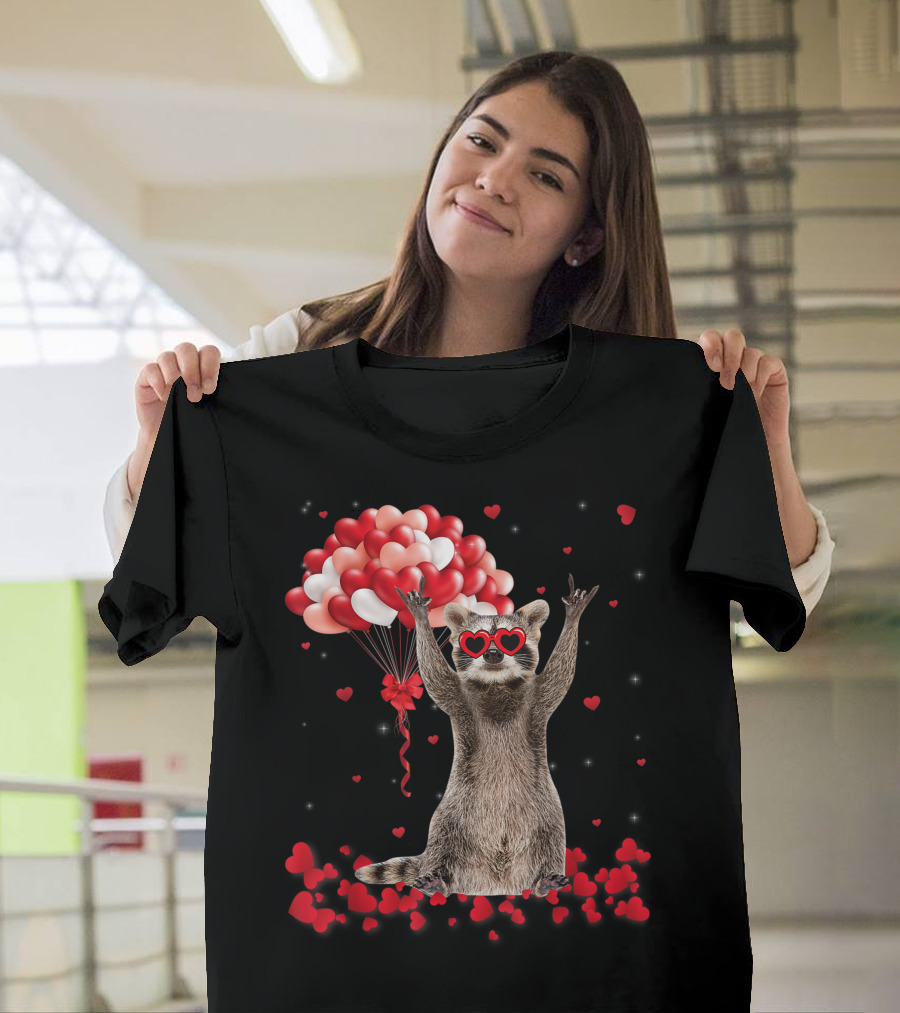 Raccoon Valentines Day Hearts Balloons Lover T-Shirt