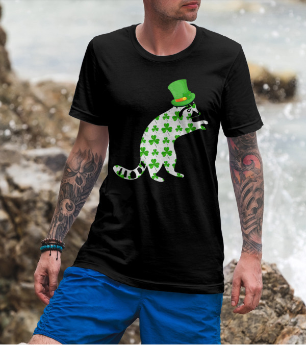 StPatricks Day Raccoon Shamrock Pattern With Green Hat T-Shirt