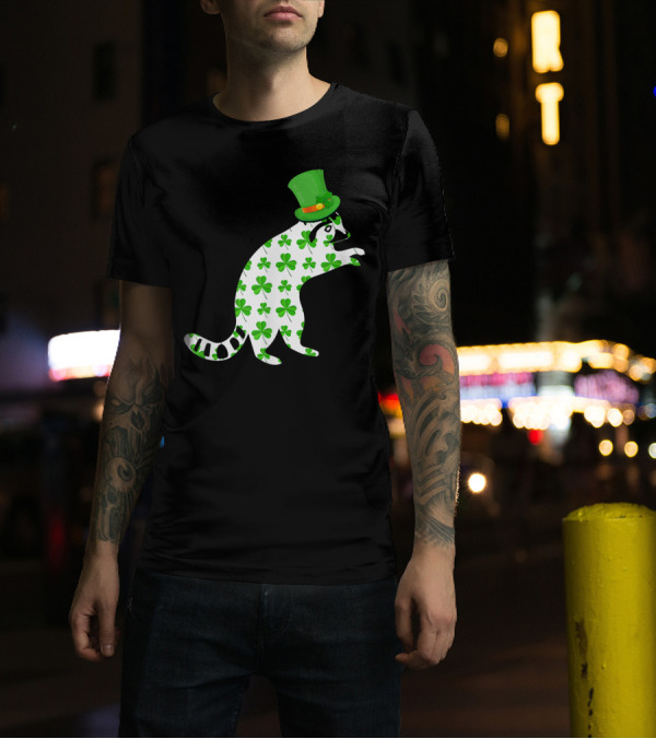 StPatricks Day Raccoon Shamrock Pattern With Green Hat T-Shirt