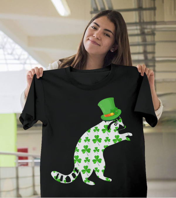 StPatricks Day Raccoon Shamrock Pattern With Green Hat T-Shirt