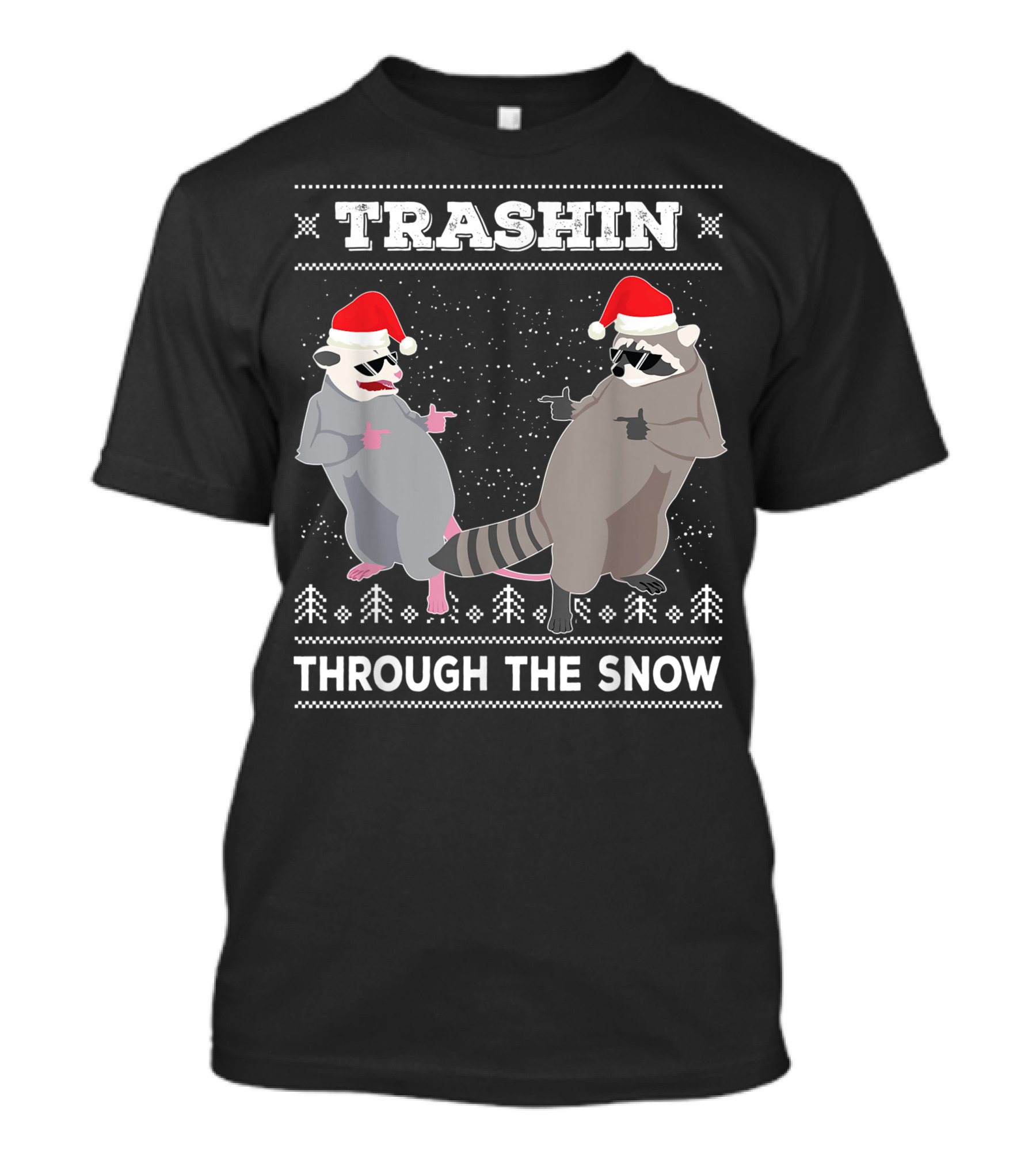 Trashin Through The Snow Opossum Raccoon Santa T-Shirt