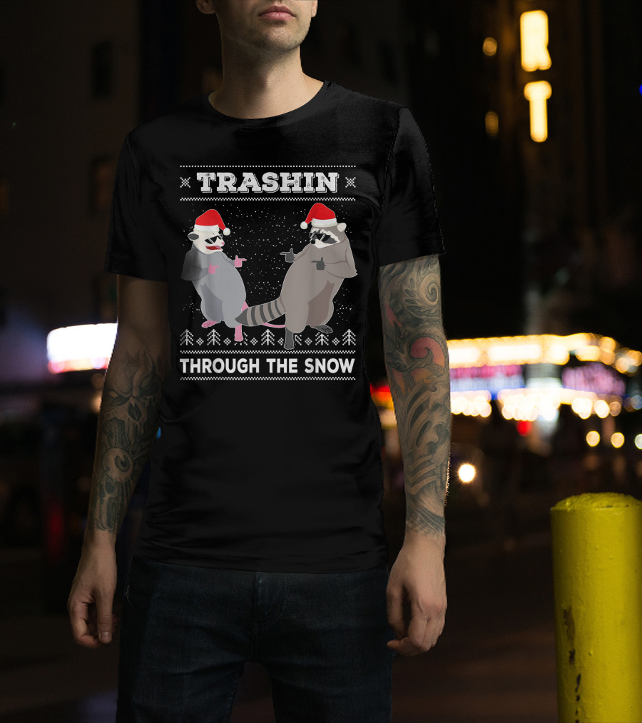 Trashin Through The Snow Opossum Raccoon Santa T-Shirt