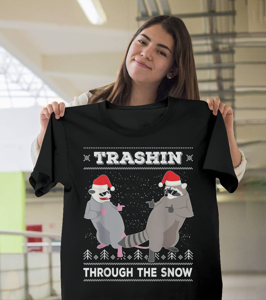 Trashin Through The Snow Opossum Raccoon Santa T-Shirt