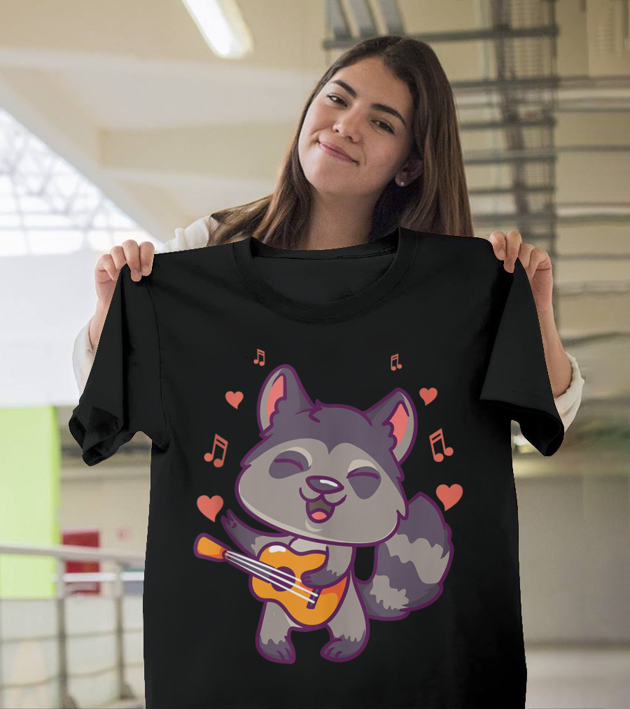 Valentine Raccoon Playing Guitar Heart Music Love Singing Raccoon 6J T-Shirt