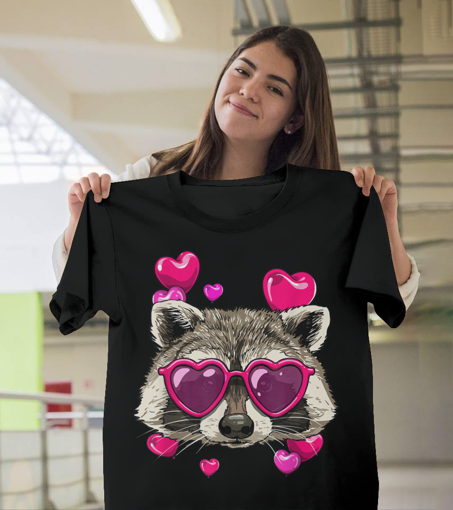 Valentines Day Raccoon Lover with Heart Sunglasses and Pink Hearts T-Shirt