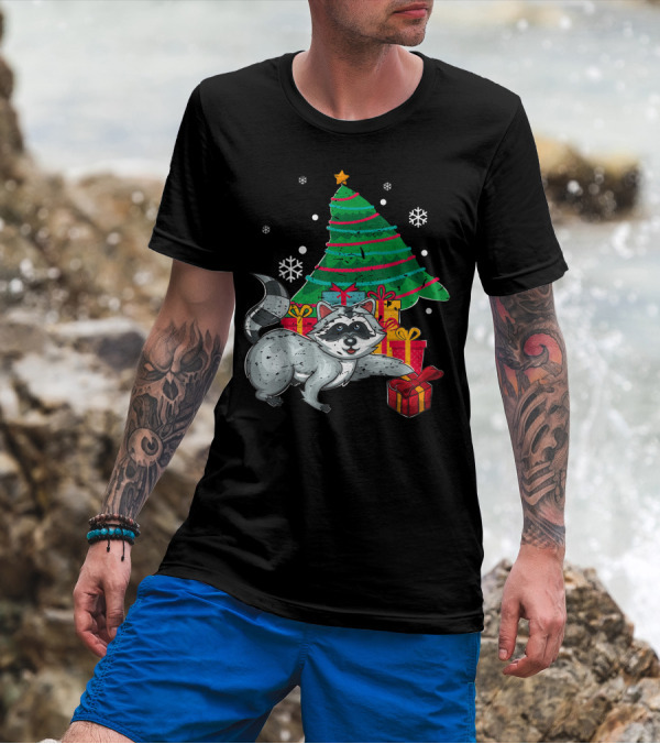 Christmas Raccoon With Presents And Snowflakes T-Shirt