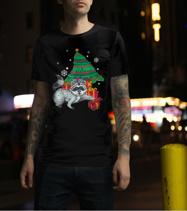 Christmas Raccoon With Presents And Snowflakes T-Shirt