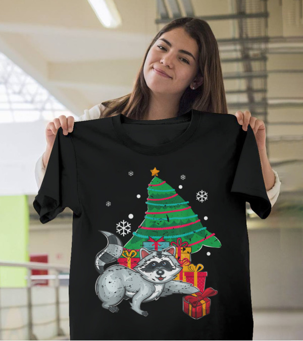 Christmas Raccoon With Presents And Snowflakes T-Shirt