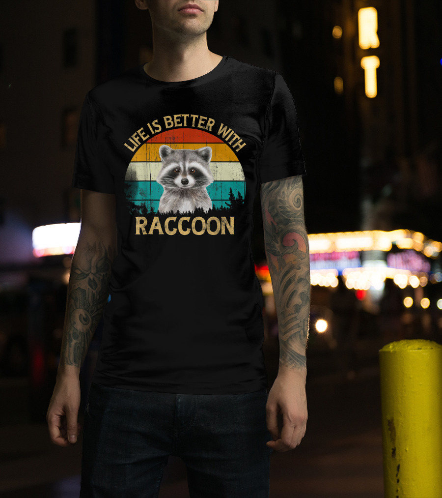 Life Is Better With Raccoon Vintage Style Wildlife Retro Sunset T-Shirt