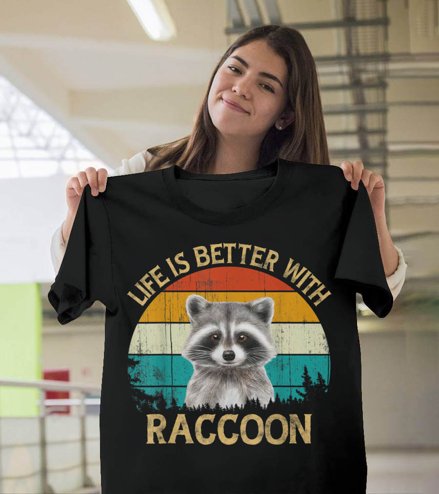 Life Is Better With Raccoon Vintage Style Wildlife Retro Sunset T-Shirt
