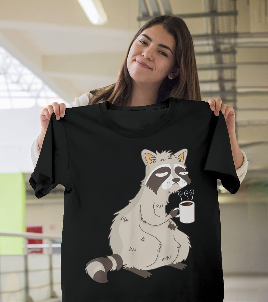 Coffee Raccoon Holding Steaming Mug T-Shirt