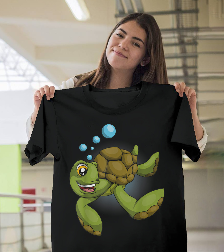 Animal Sea Turtle Cartoon with Bubbles T-Shirt