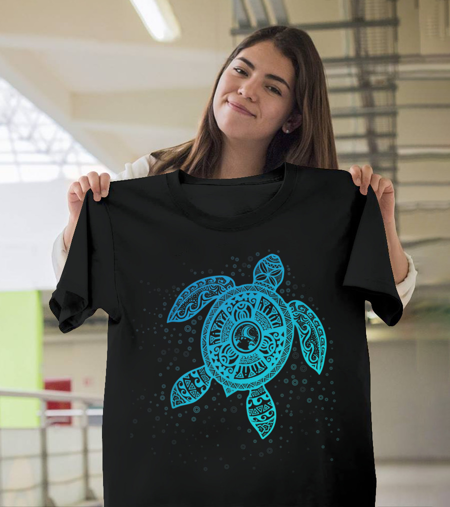 Intricate Boho Tiki Teal Sea Turtle with Bubbles T-Shirt