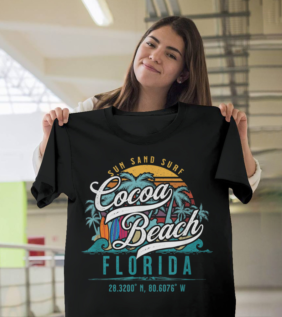 Cocoa Beach Florida Sun Sand Surf Palm Trees Surfing Coordinates 28.3200° N 80.6076° W T-Shirt