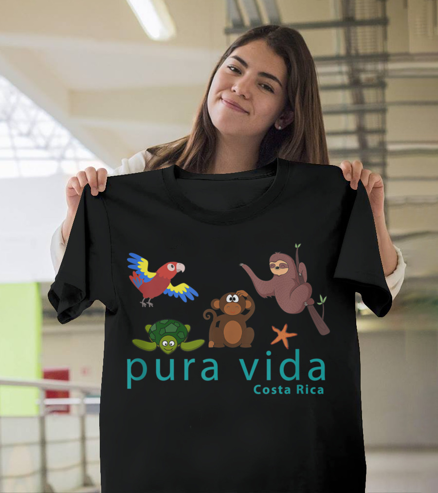 Pura Vida Costa Rica Sloth Monkey Parrot Turtle Starfish T-Shirt