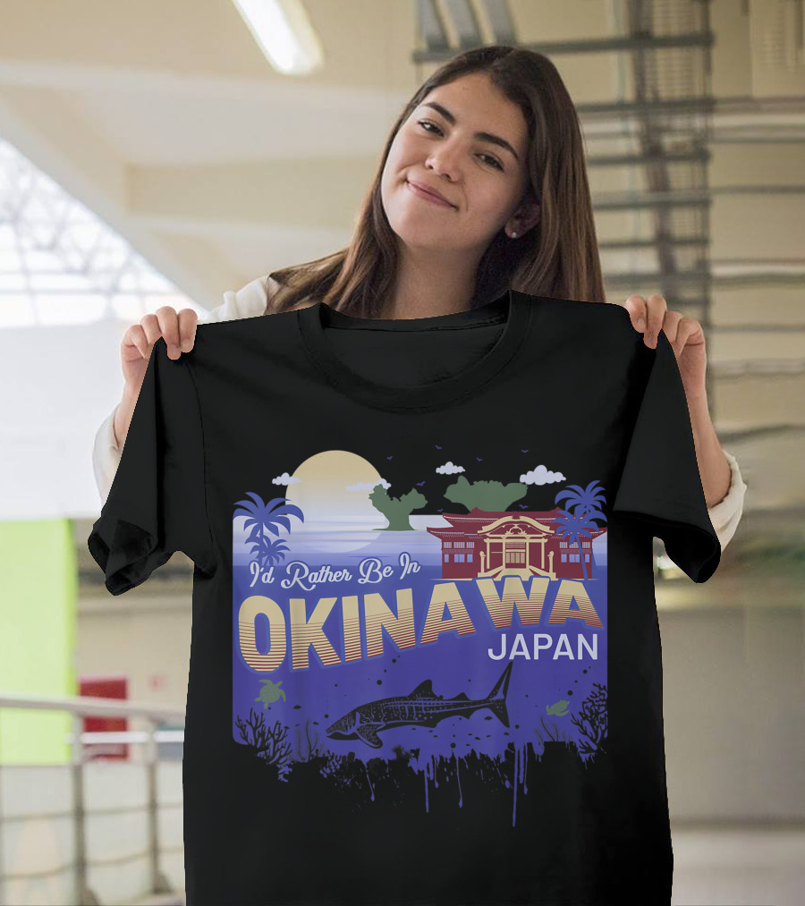I'd Rather Be In Okinawa Japan Vintage Sunset Palm Trees Ocean Scene T-Shirt