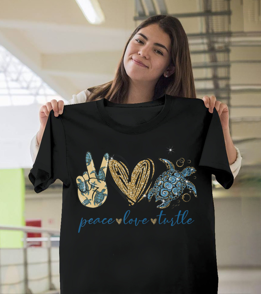 Peace Sign Heart Turtle Pattern Glitter T-Shirt