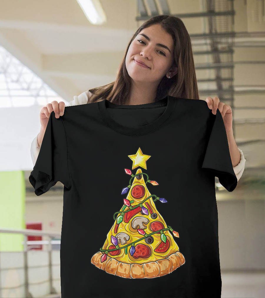 Pizza Christmas Tree Lights Xmas Crustmas Kh Holiday Slice Decor T-Shirt
