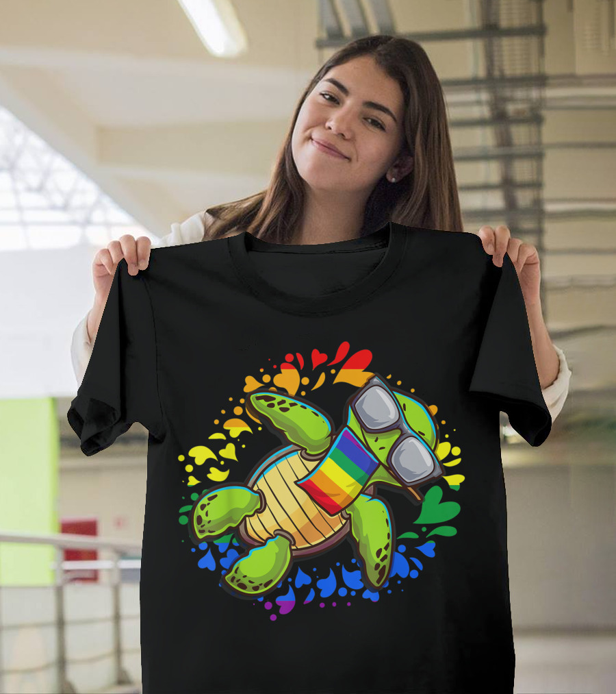 Rainbow Turtle Pride Celebration with Colorful Hearts and Glasses T-Shirt