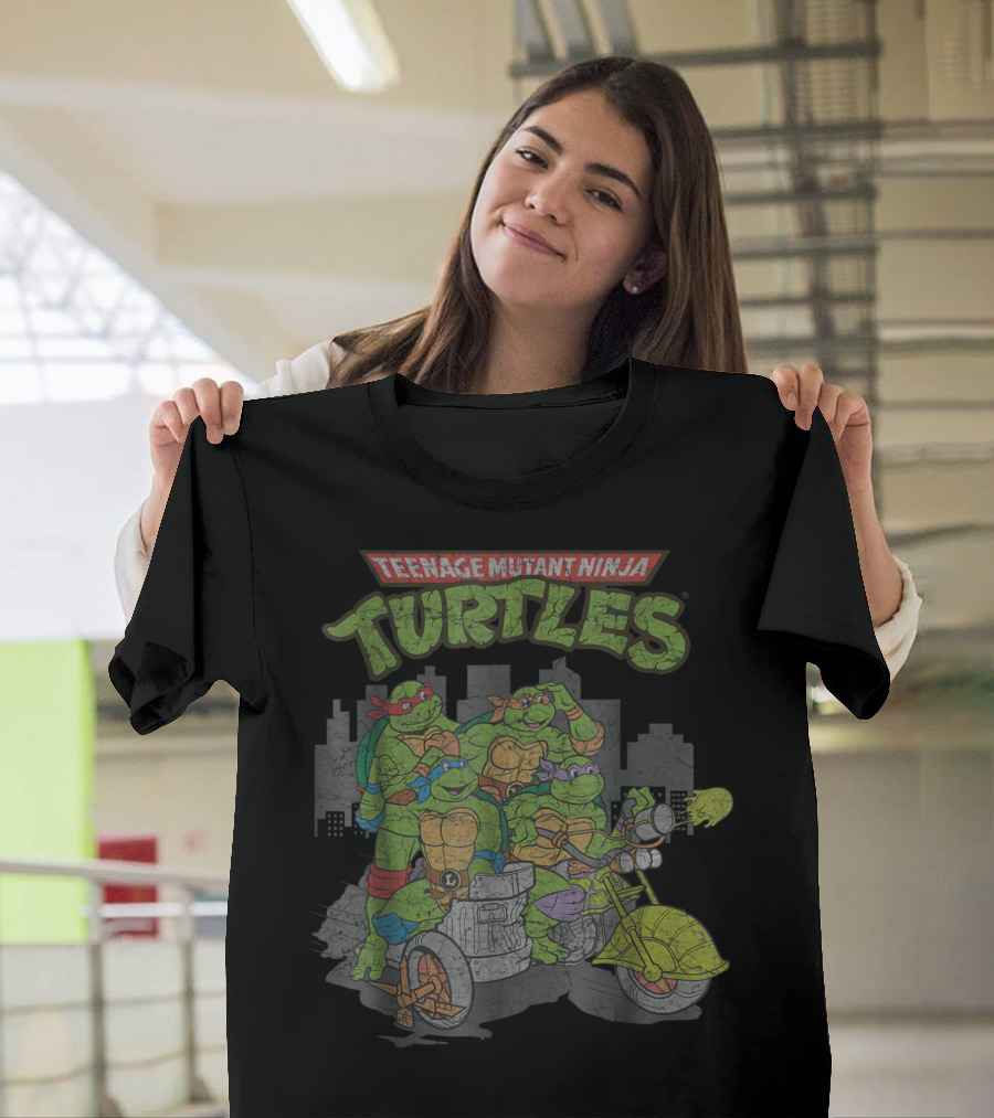 Teenage Mutant Ninja Turtles Group Riding Trash Motorcycle in Cityscape T-Shirt