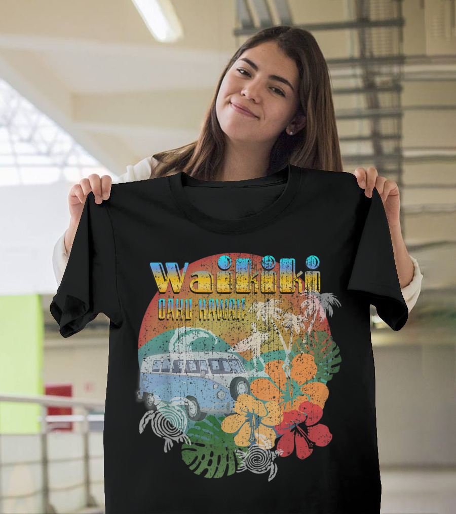 Waikiki Oahu Hawaii Vintage Hawaiian Van and Hibiscus Tropical Scene T-Shirt