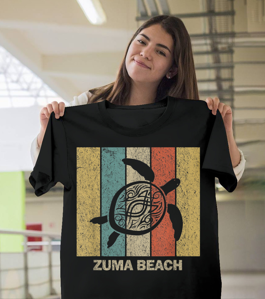 Zuma Beach Tribal Sea Turtle California 80s Vintage Retro Stripes T-Shirt