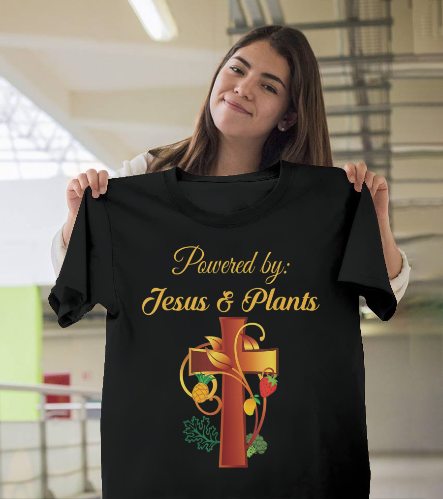 Powered by Jesus and Plants Vegan Vegetarian Christian Cross Fruit T-Shirt