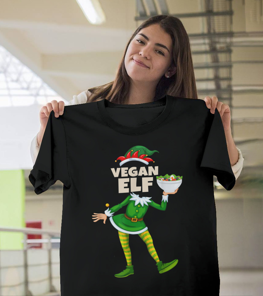 Vegan Elf with Christmas Present Holding Salad Bowl T-Shirt