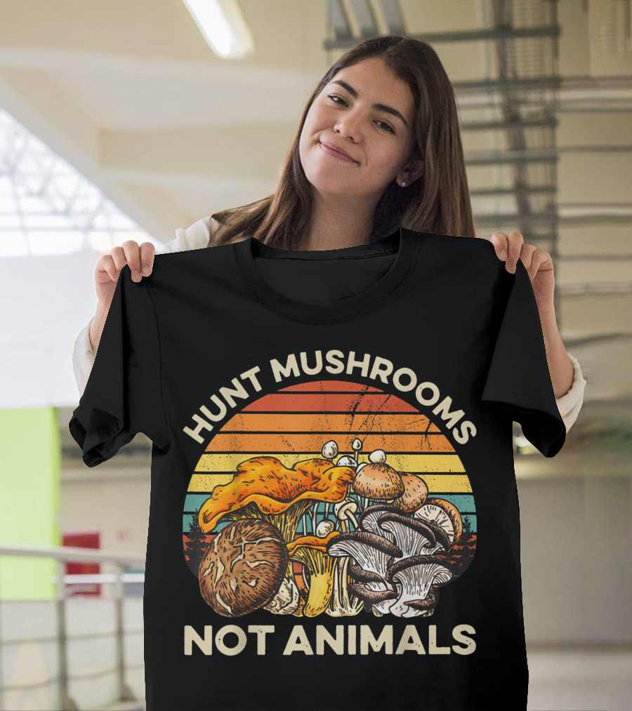 Hunt Mushrooms Not Animals Vintage Rainbow Sunset Forest Scene T-Shirt