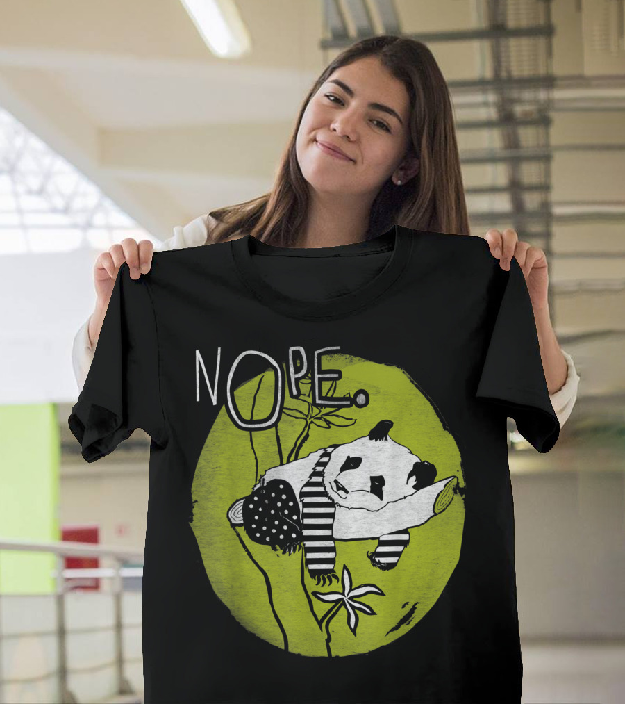 Nope Lazy Tired Panda Bear Cute Pet on Green Background T-Shirt