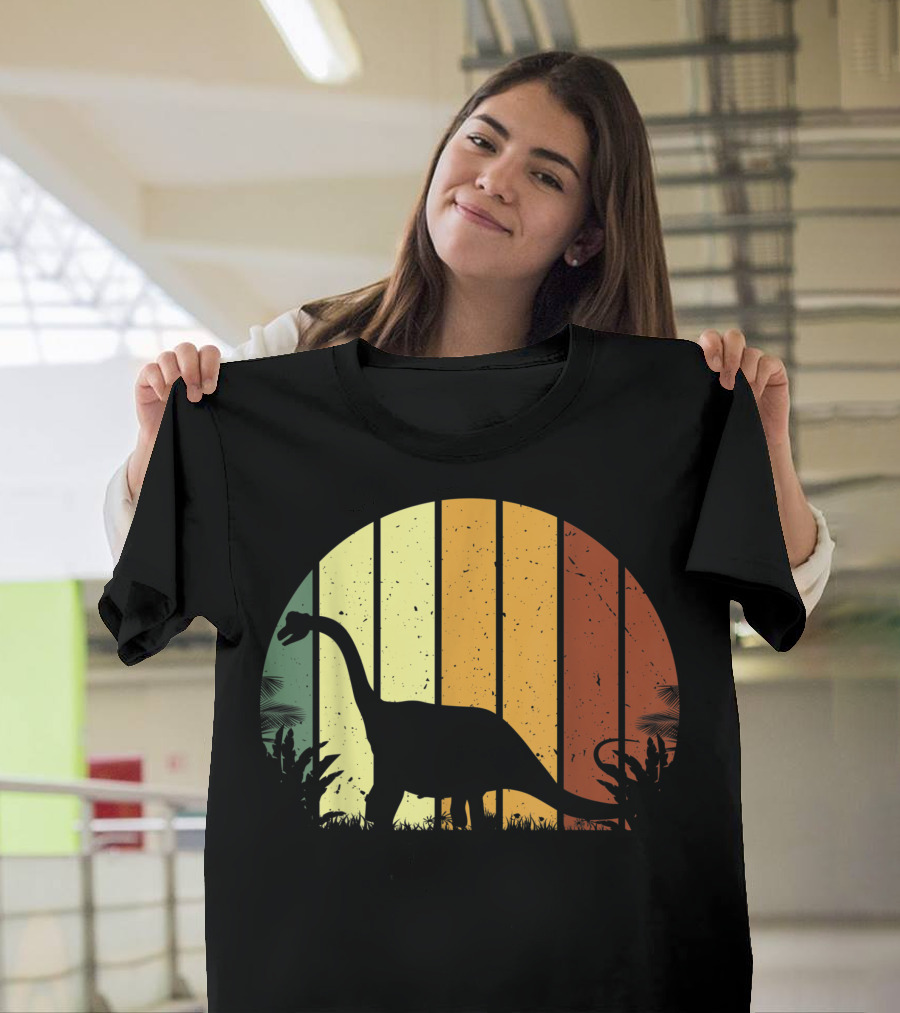 Retro Brontosaurus Dinosaur Silhouette Vegetarian Sunset Stripes T-Shirt