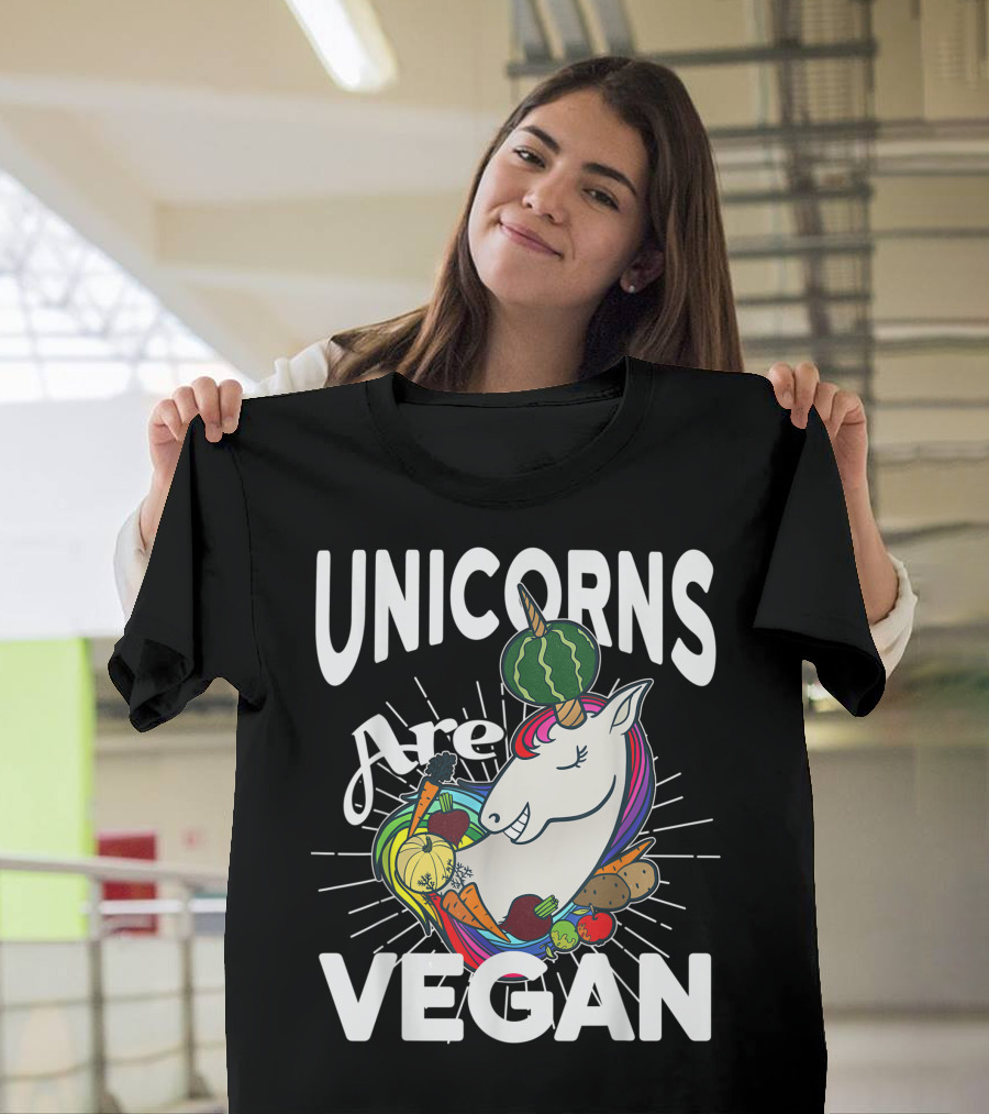 Unicorns Are Vegan Vegetarian Veggie Love Rainbow Vegetables T-Shirt